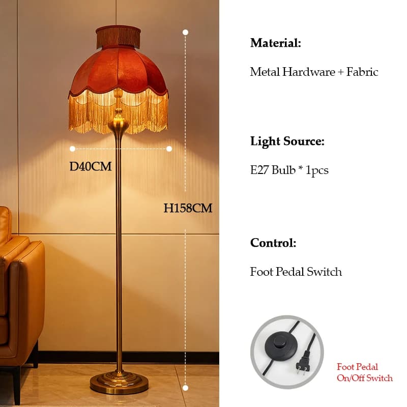 Lampadaire en velours à pompons français, abat-jour luxueux rétro caramel fait main, lampe d'art pou
