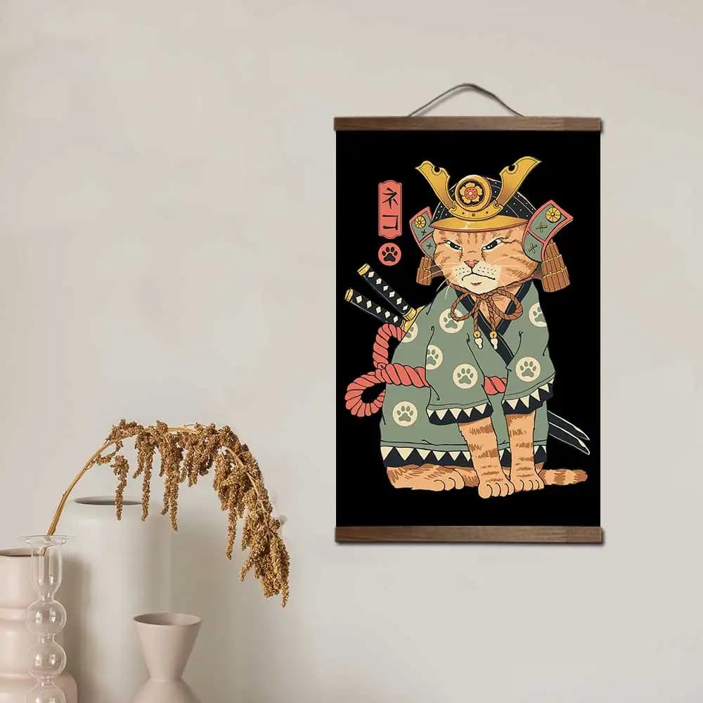 Décoration de toile de style japonais, peinture de lapin de chat samouraï, art mural de salon, peint