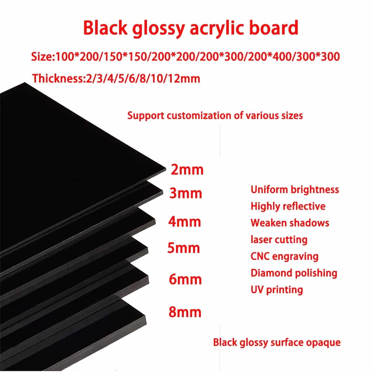 Panneau acrylique noir brillant, panneau en plastique organique, polyméthyl, méthacrylate, 2/3/4/5/6