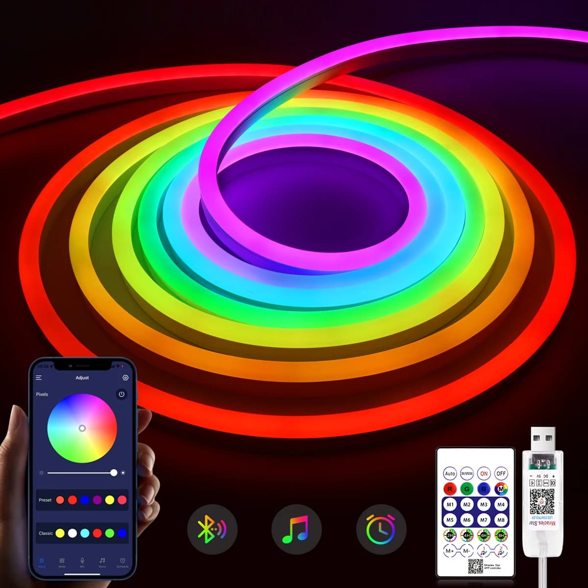 Bluetooth RGBIC WS2812 5V couleur de rêve RGB LED néons étanche Tube souple Flexible ruban à intensi