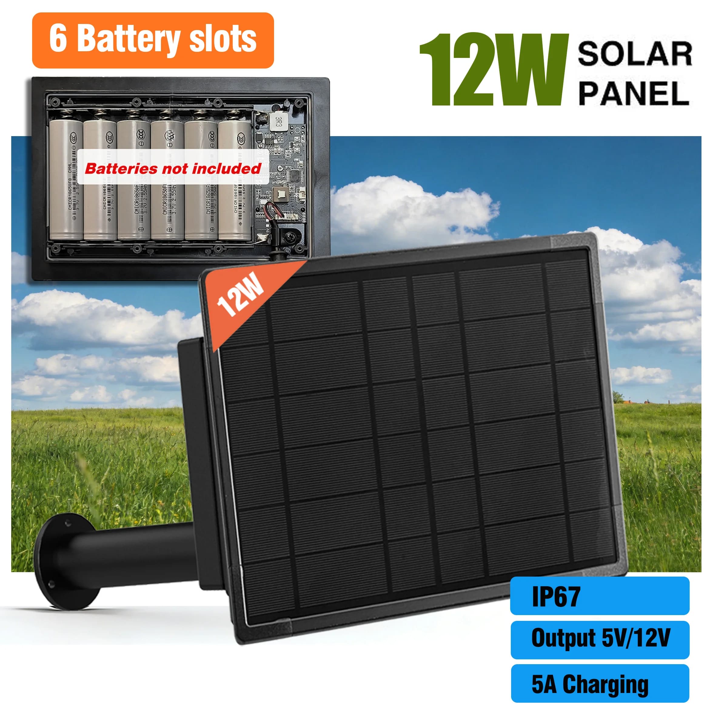 Panneau solaire 12W avec batterie intégrée, chargeur étanche IP66 Micro USB Type-C, sortie 5V 12V, a