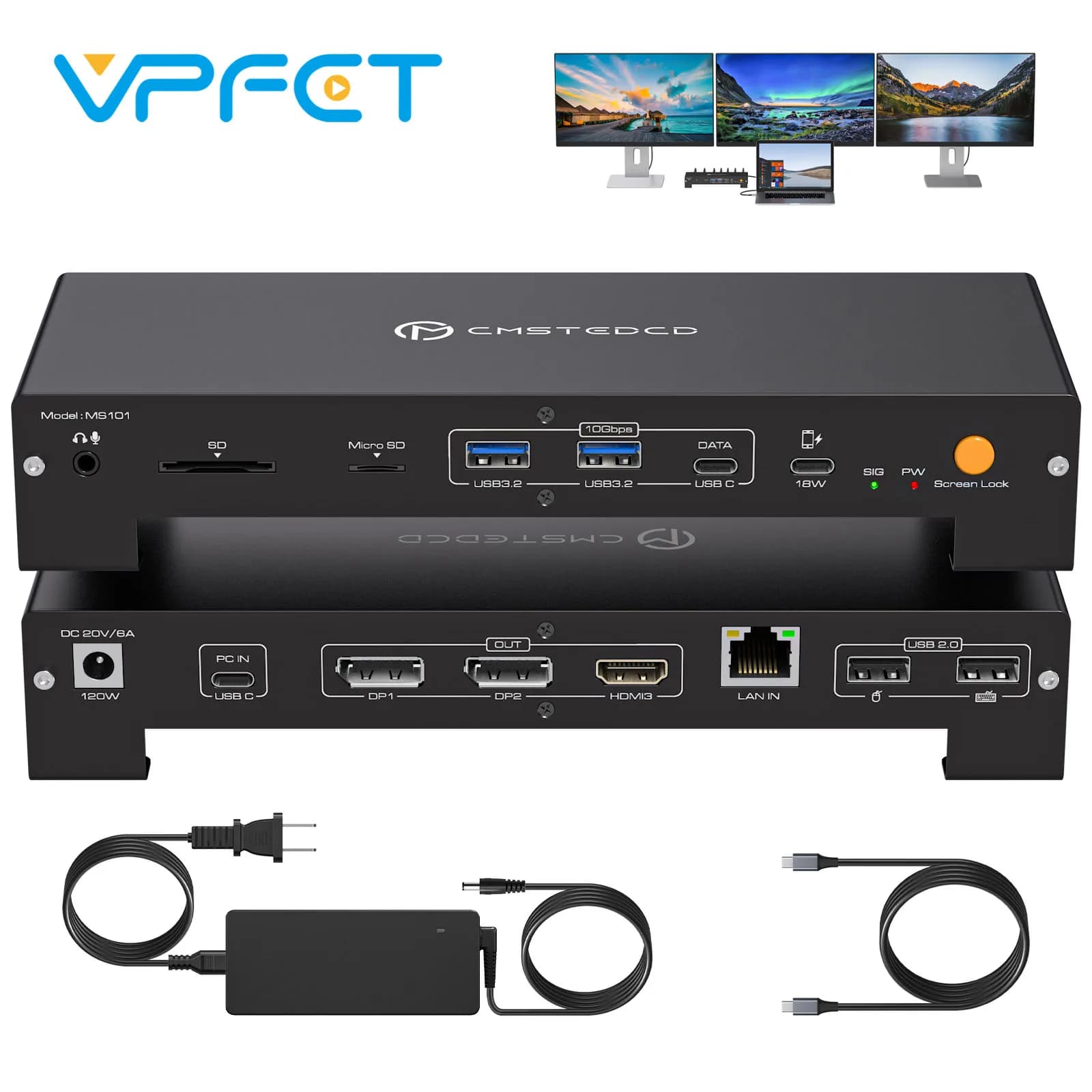 Station d'accueil USB C Triple affichage 4K @ 60Hz 1 PC partagé 3 moniteurs avec chargement PD HDMI 