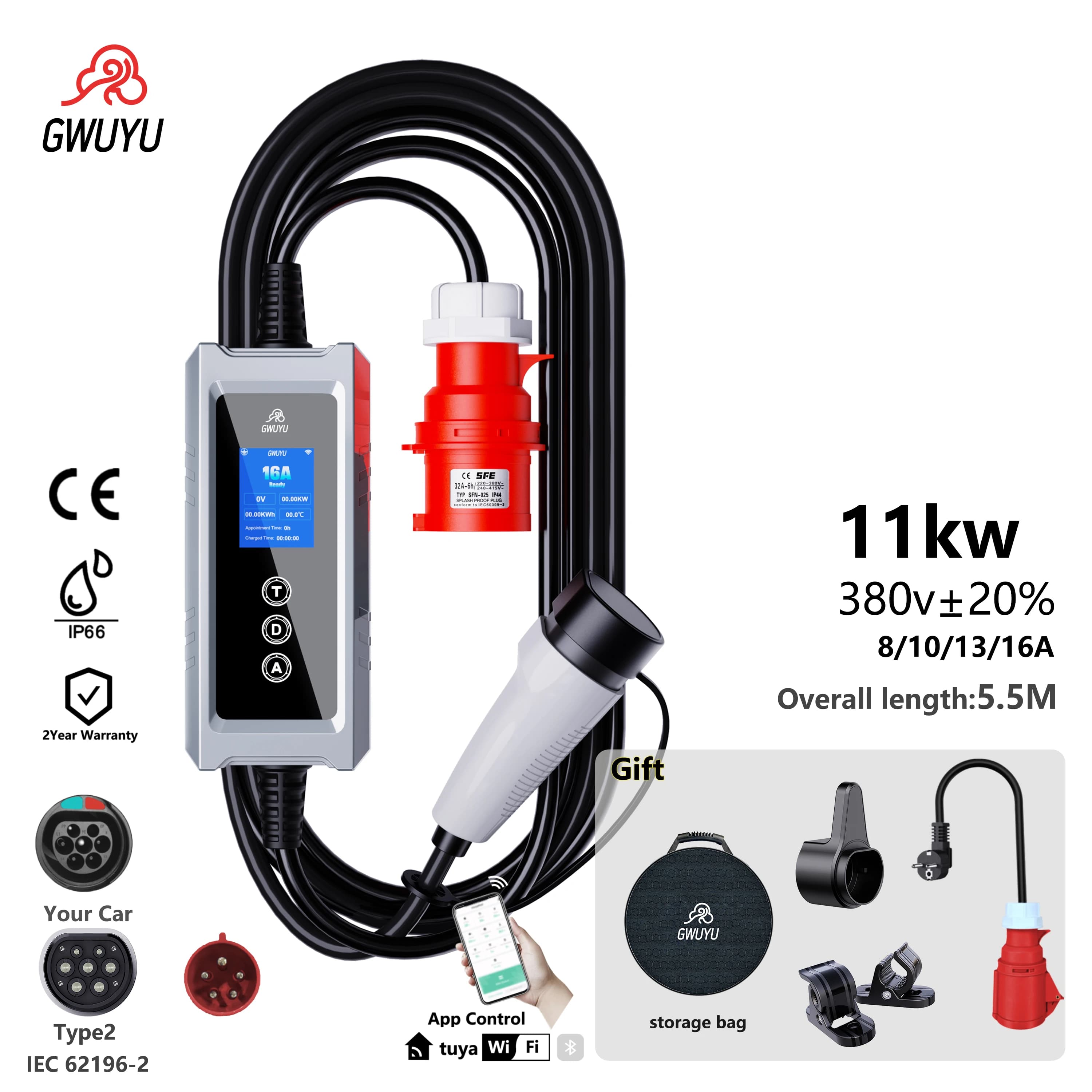 GWUYU – chargeur EV 11KW/22KW, 3 phases, Type2, chargeur portable, application intelligente, WiFi, c