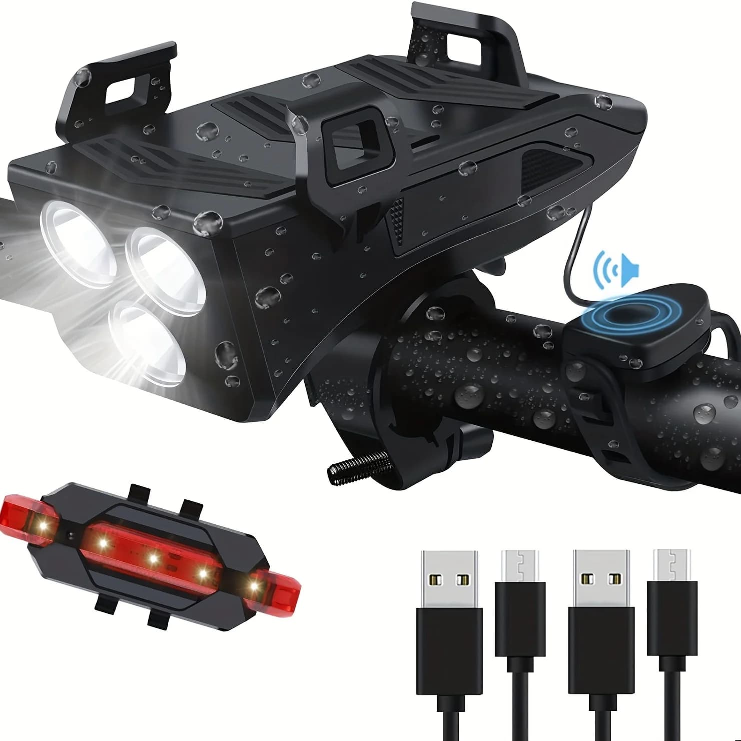Lampe de vélo, phare rechargeable USB à 3 LED, éclairage avant et arrière pour vélo, avec batterie e