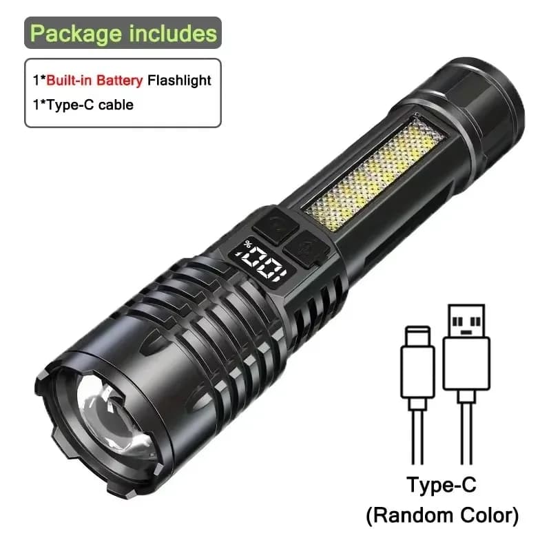 Lampe de poche LED haute puissance TYPE-C injuste aste COB lampe de poche avec lumière latérale torc