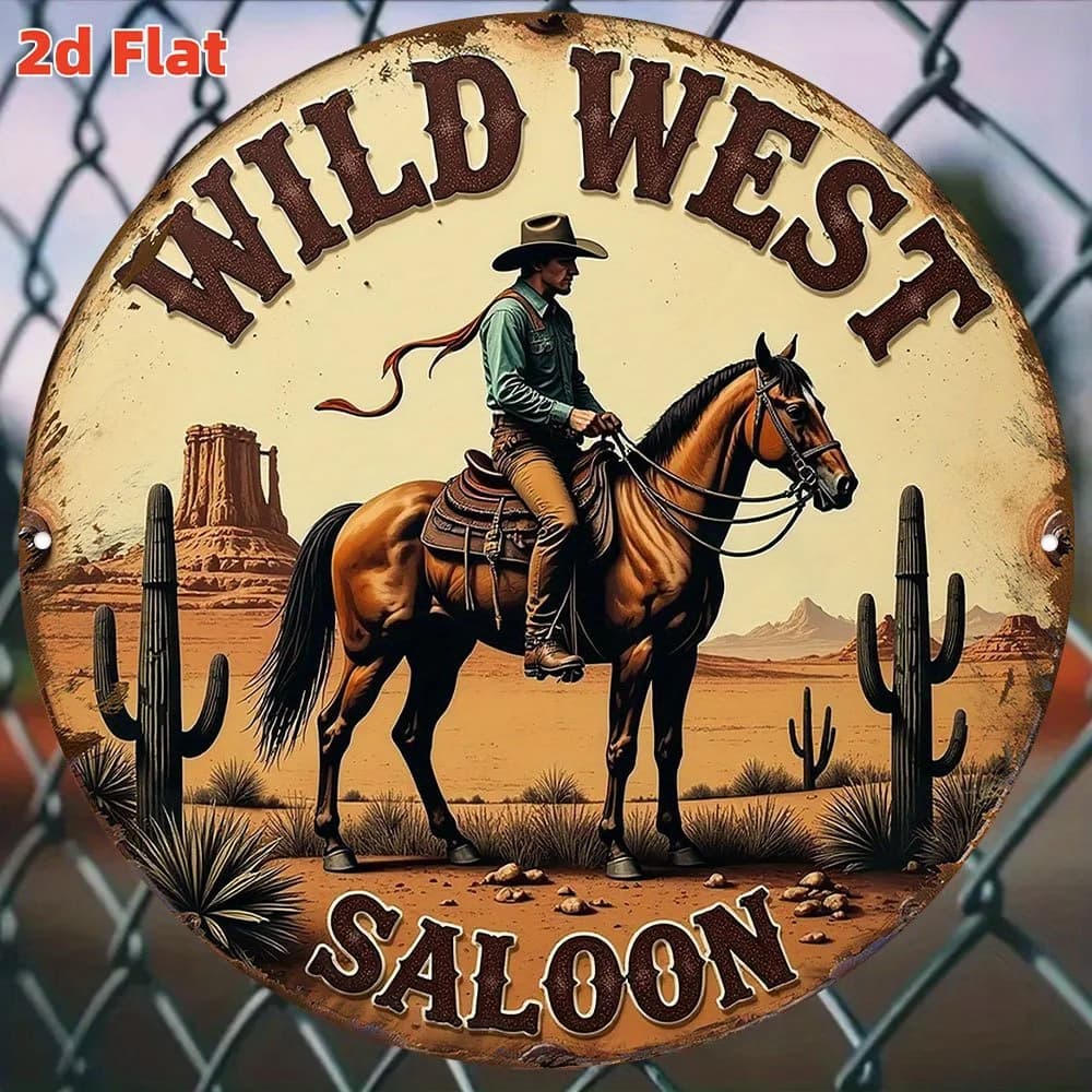 Panneau de berline Wild West – Décoration murale ronde en métal sur le thème des cowboy avec personn