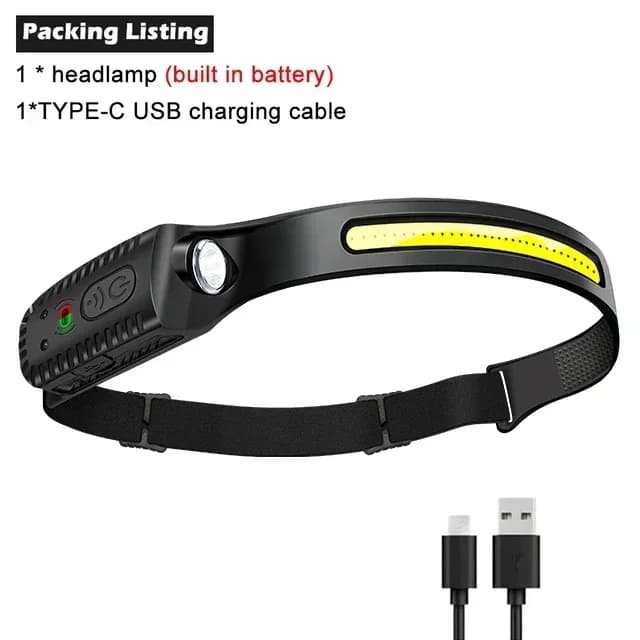 Lampe frontale à induction COB LED avec batterie intégrée, lampe rechargeable par USB, 5 modes d'écl
