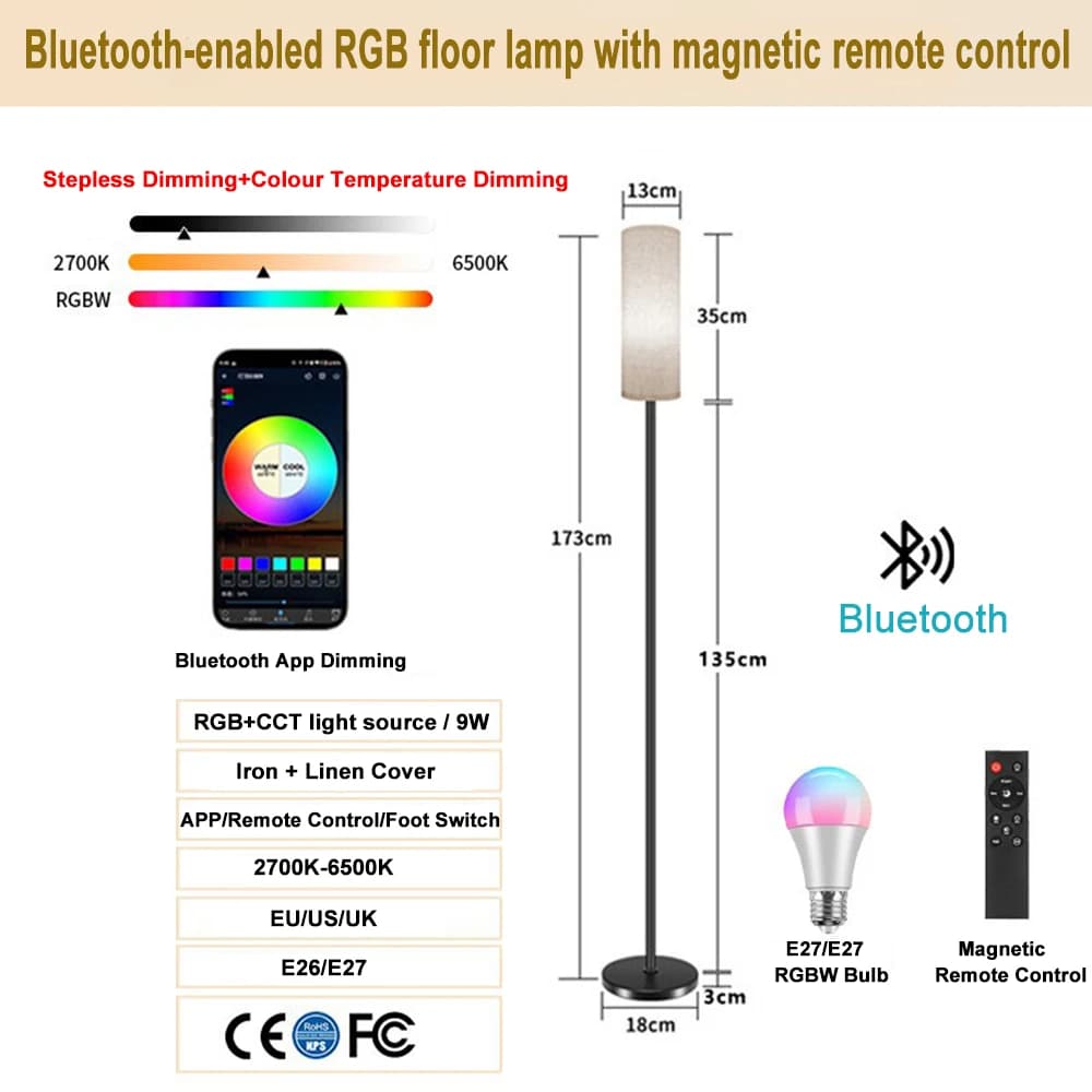 Lampe sur pied à intensité variable avec ampoule LED et abat-jour, éclairage d'ambiance coloré RGB a