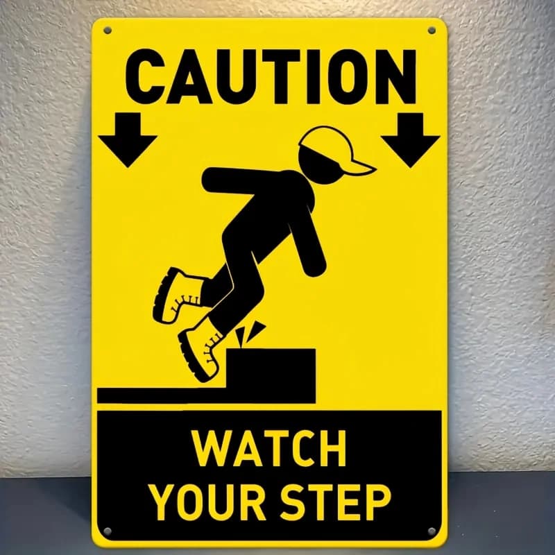 Panneau métallique vintage Watch Your Step", - Plaque décorative d'avertissement jaune avec flèches 
