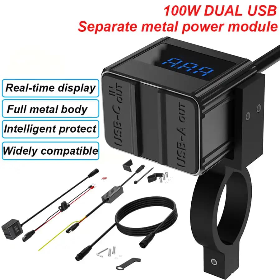 Chargeur de batterie de moto, chargeur USB pour moto 100W, charge rapide bidirectionnelle double PD,