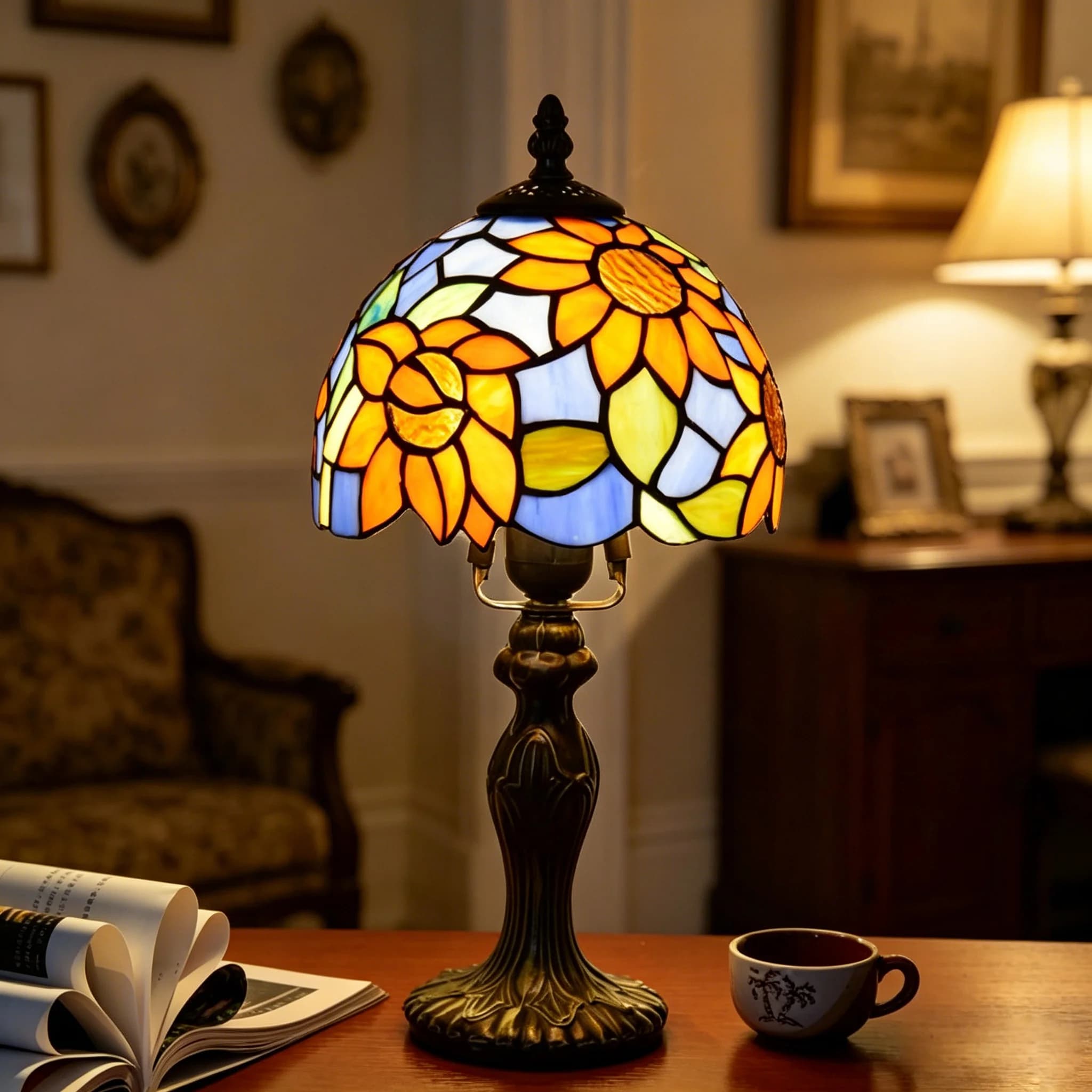 Lampe de table Tiffany en verre teinté motif tournesol, lampe de lecture vintage de 8 pouces pour ch