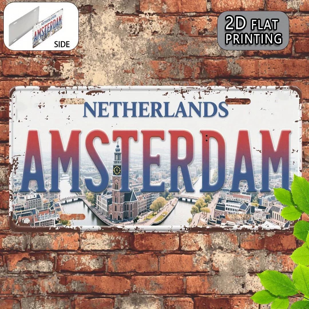 Panneau mural en aluminium à thème « Skyline de la ville d'Amsterdam, Pays-Bas », impression 2D, sty