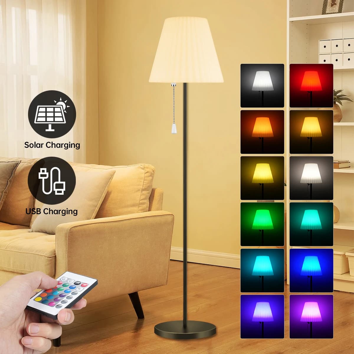 Lampadaire extérieur solaire sans fil avec capteur de lumière, chargeur 62USB, étanche, aste