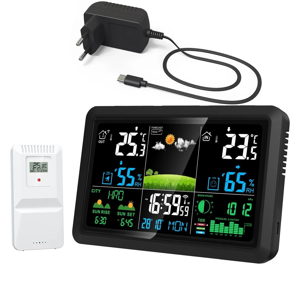 Station de prévision météo LCD 7.5 pouces, hygromètre sans fil, thermomètre, phase de lune, baromètr