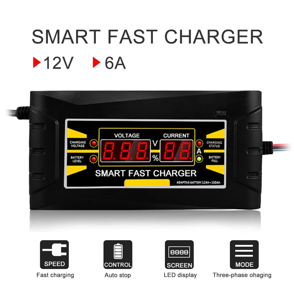 Chargeur de batterie de voiture Intelligent Portable 12V 6A, GEL AGM, charge de batterie au plomb 12