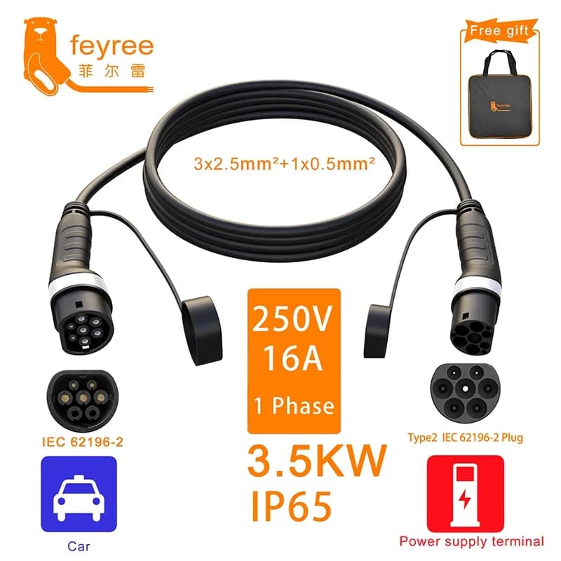 Feyree EV chargeur Type2 à Type2 câble de chargement 32A 7KW 1 Phase 16A 3.5KW 11KW 22KW Station de 