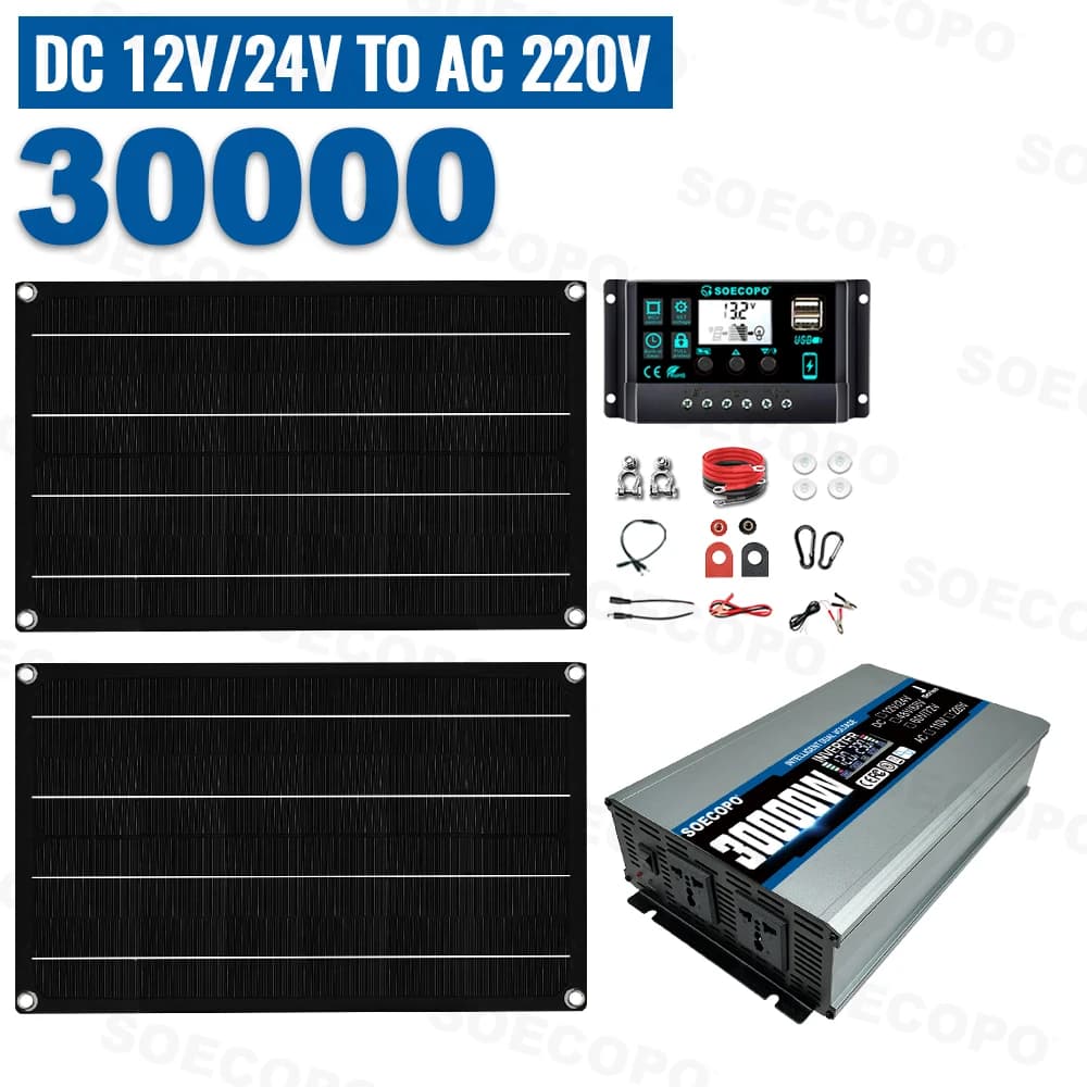 SOECOPO – Kit de système solaire 30000W, panneaux photovoltaïques 2x600W, onduleur 12V 24V à 110V/22