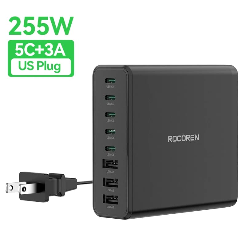 Station de charge Rocoren 185W 8-en-1 multi-ports, chargeur rapide de bureau, station de batterie Ty