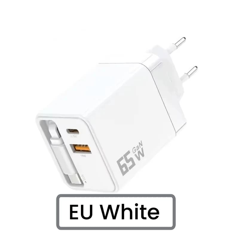 Tête de charge USB-C GaN PD 65W, chargeur rapide avec câble TypeC intégré de 80 cm, compatible avec 