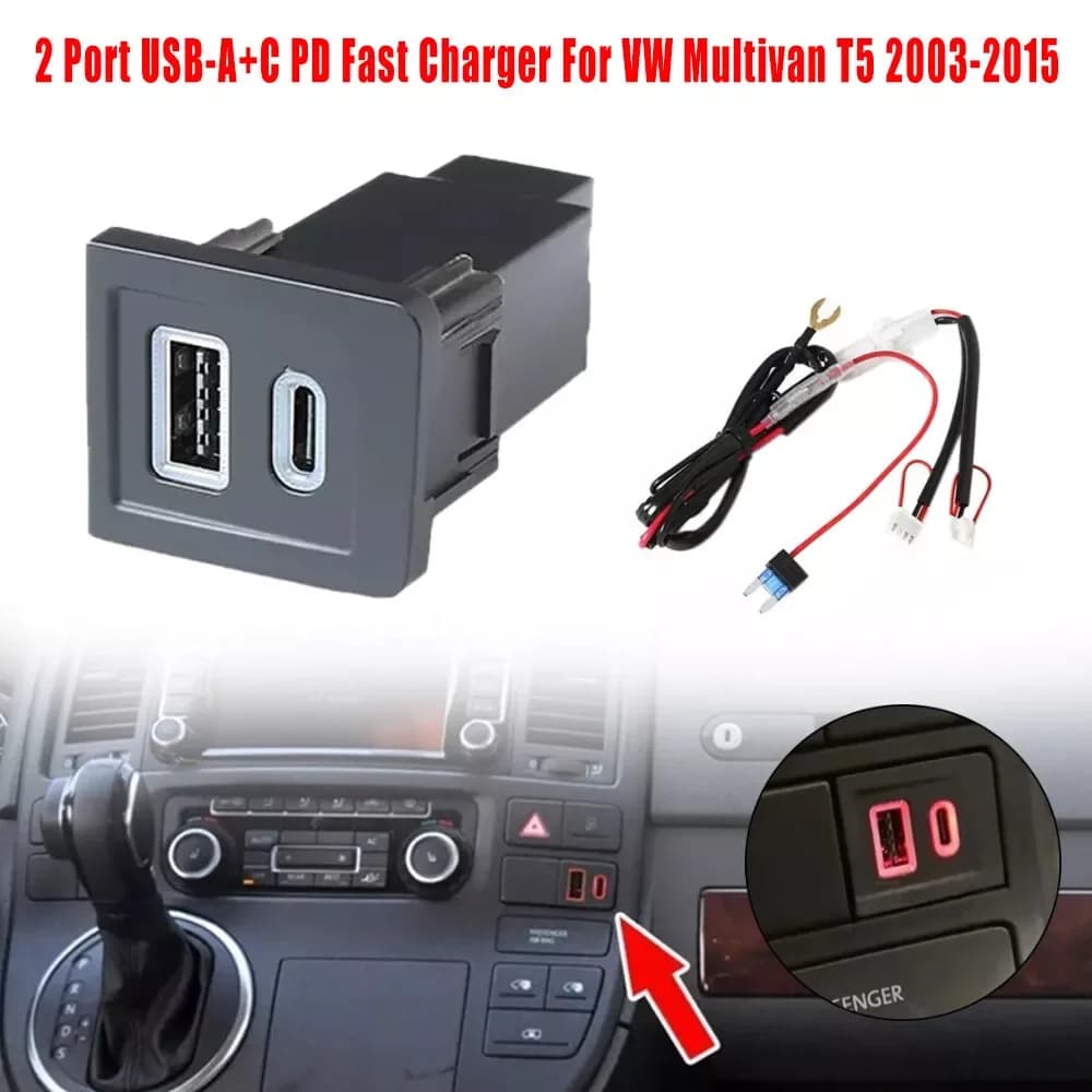 Adaptateur de Voiture Double USB PD Type C/QC, Chargeur Auto, Prise 2 Ports Compatible avec VW Multi