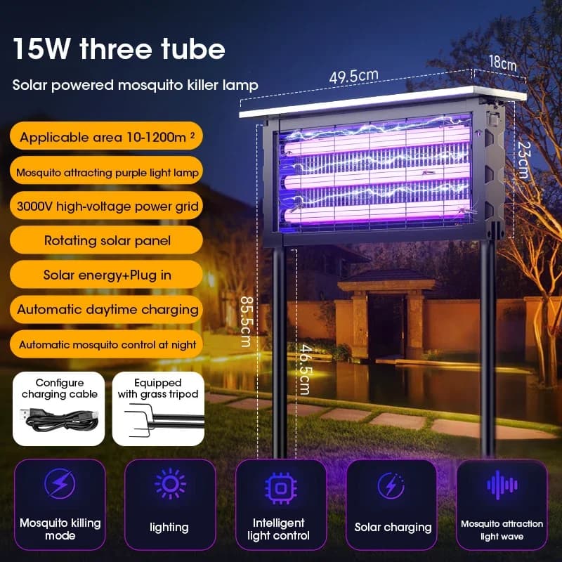 Lampe solaire anti-moustiques avec lumière, 395 nm UV + maille de carbone, étanche IPX5, rechargeabl