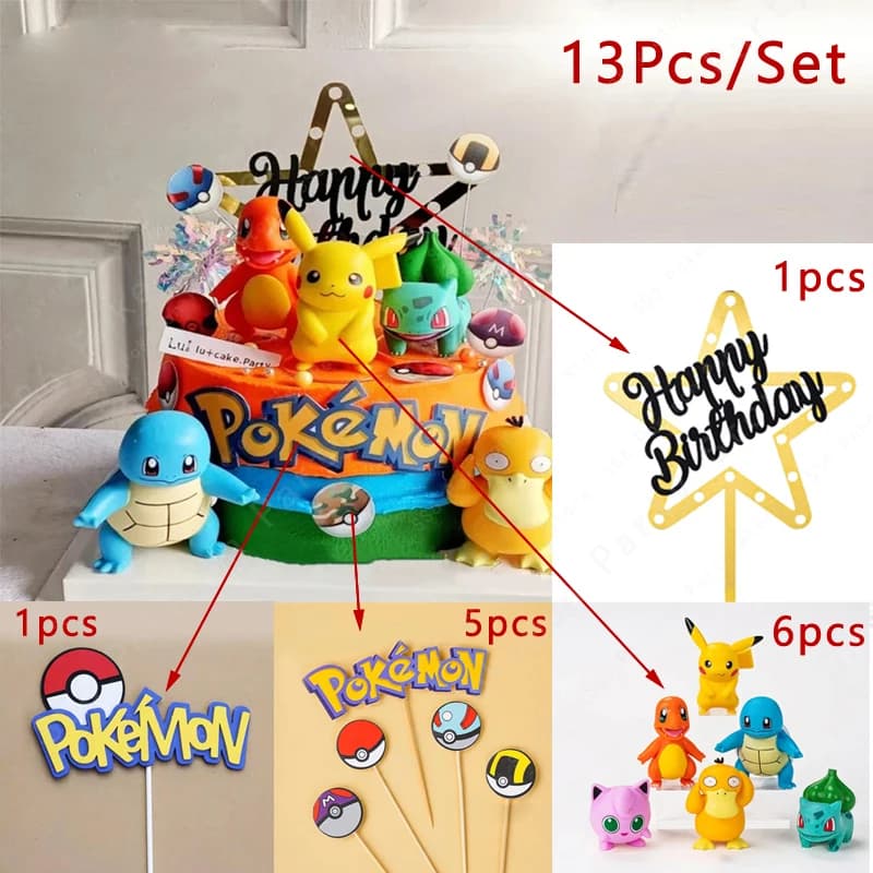 Décoration de gâteau Pokemon, 13 pièces/ensemble, figurine Pikachu, fête d'anniversaire, fournitures