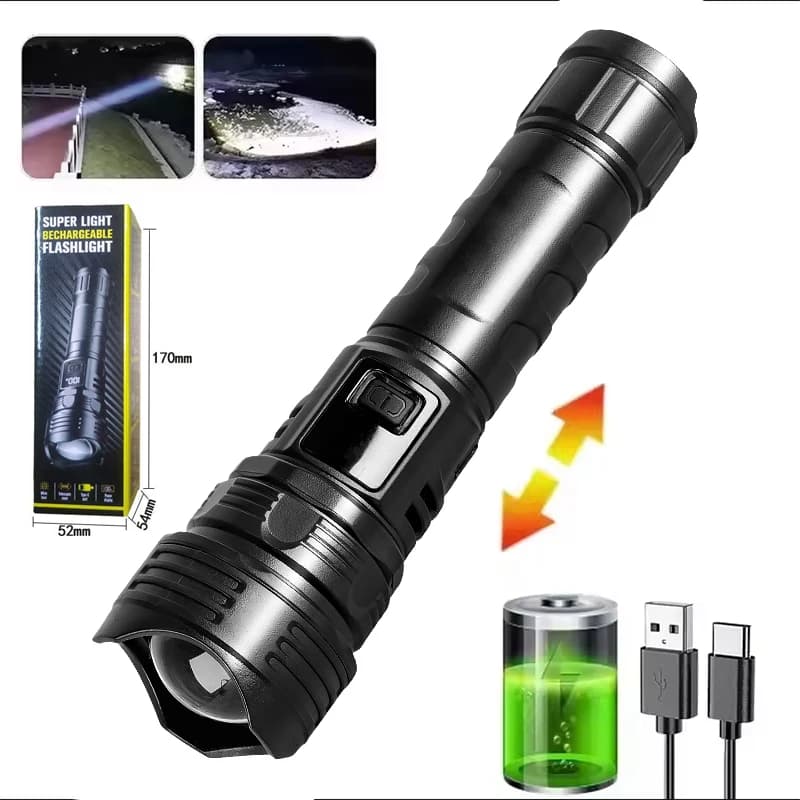 Lampe de poche LED haute puissance, lumière forte, torche rechargeable, lampe de poche portable, lon