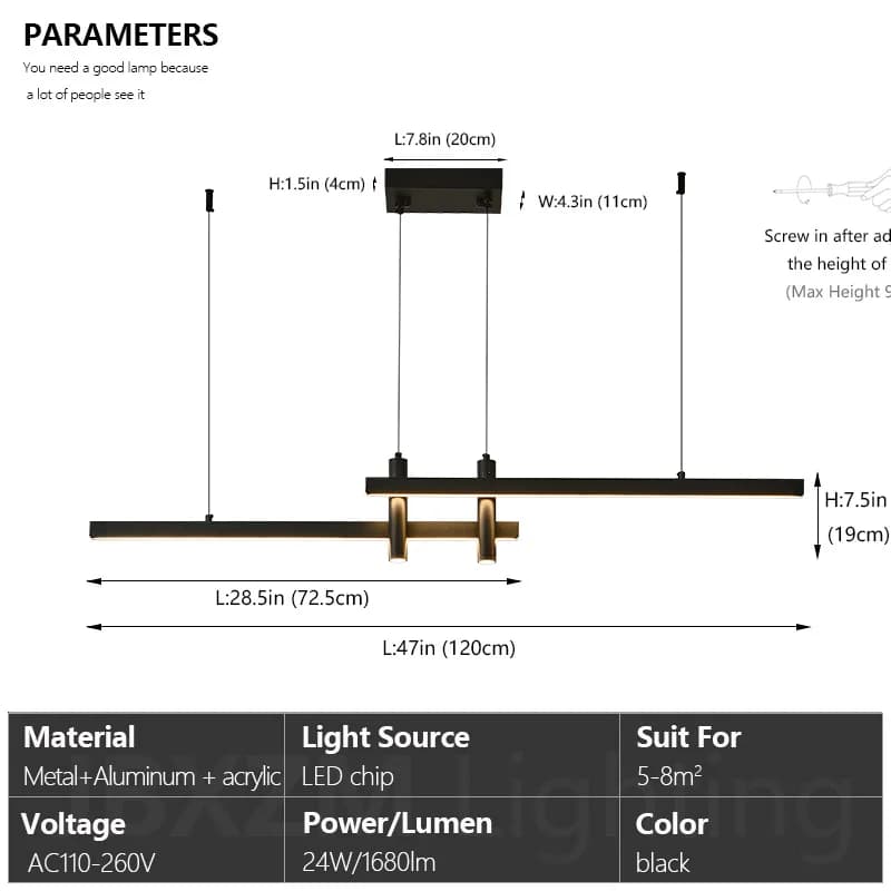 Lustre linéaire noir moderne pour salle à manger, lampe suspendue créative pour îlot de cuisine, tab