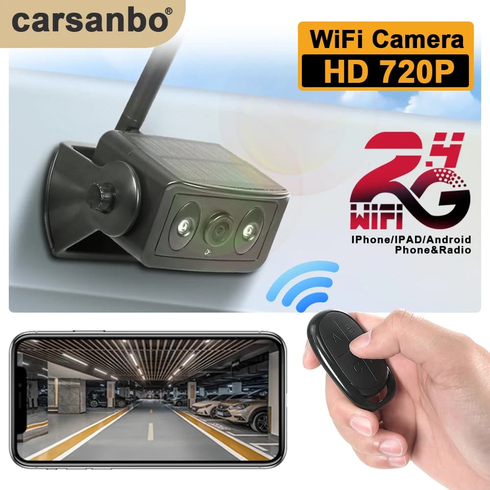 Caméra arrière de voiture HD, télécommande WiFi sans fil, Vision nocturne solaire, caméra de recul p