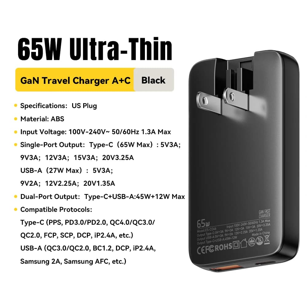 Essager Ultra mince 65W GaN chargeur de voyage Charge rapide 4.0 PD3.0 PPS Portable Type C chargeur 