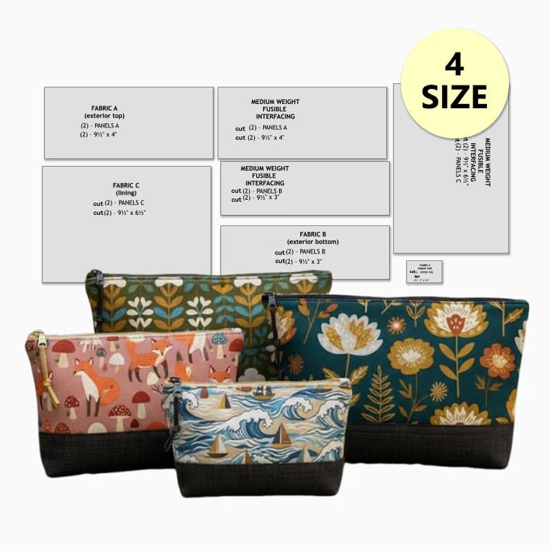Motifs de couture de pochette à fermeture éclair essentiels de 4 tailles, modèles de couture de sac 