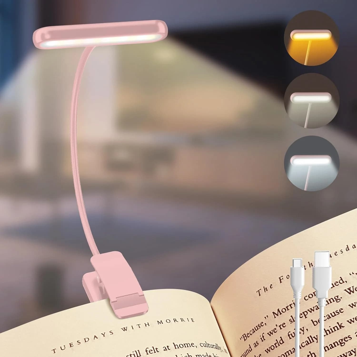 Lampe de lecture rose 3 couleurs, Rechargeable par USB, lumière du jour blanche chaude et froide, Po