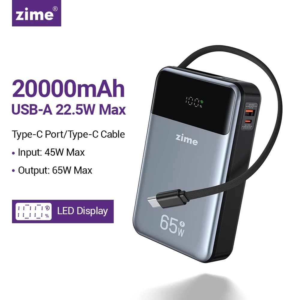 zime Z3 65W Power Bank Portable 20000mAh Chargeur Rapide PD avec Câble Type-C Rétractable pour Ordin
