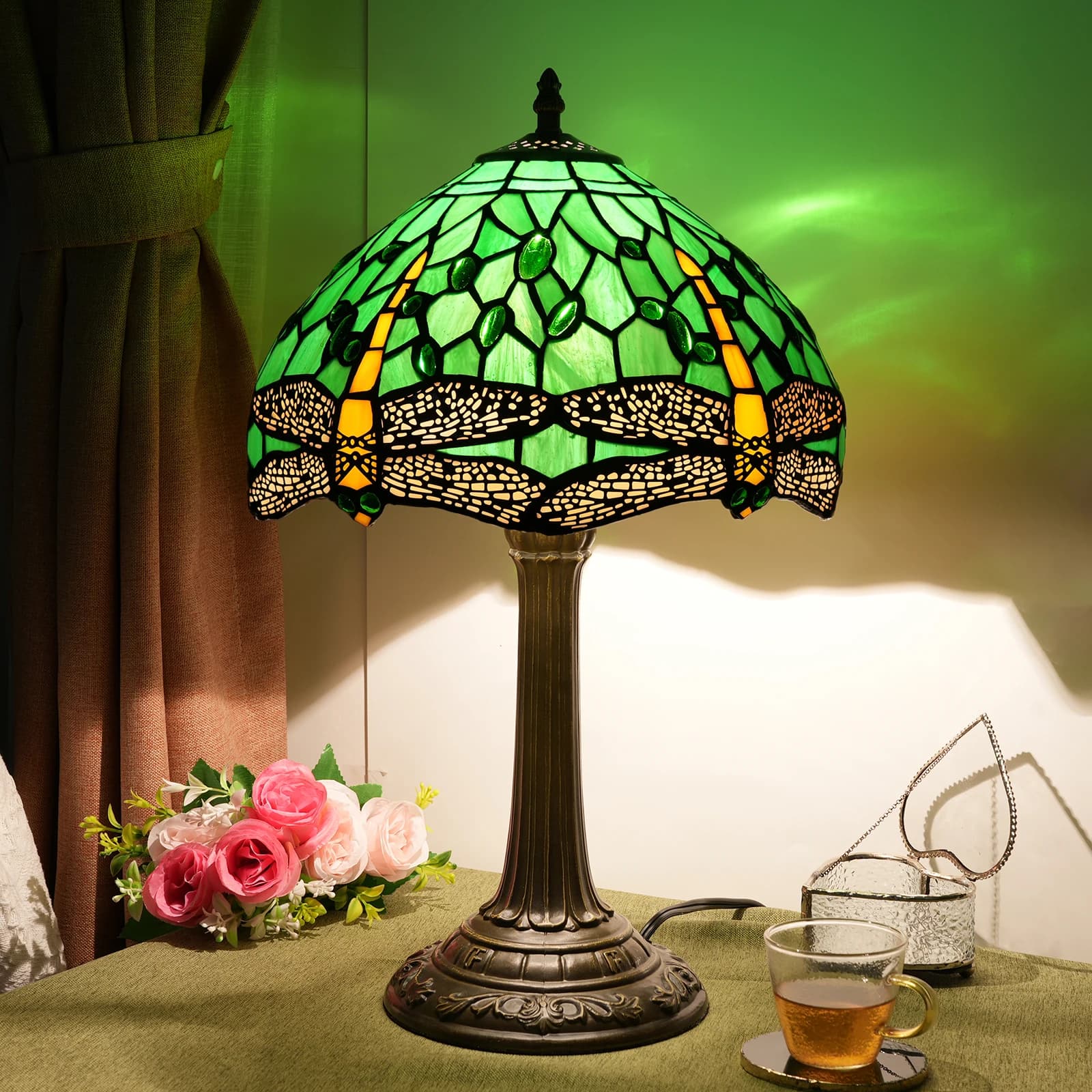 Lampe de table en verre teinté libellule verte et jaune, 12 pouces, style rétro, lampe de lecture de