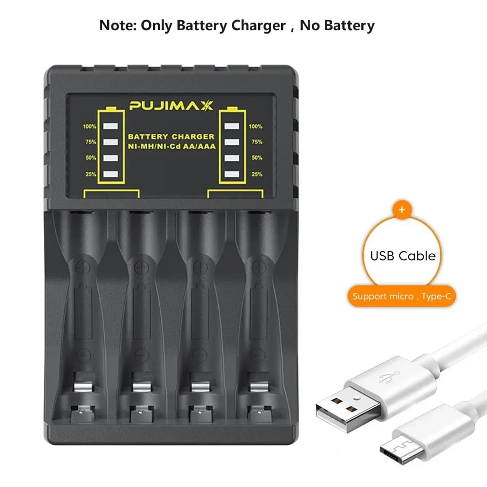 Chargeur de batterie AA/AAA, 4 emplacements, indicateur LED Intelligent, Micro chargeur USB C pour b