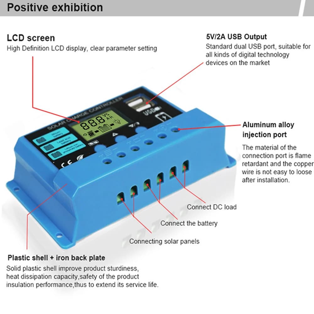Contrôleur de panneau solaire, régulateur de charge de batterie, 2USB 12V/24V 10A/20A/30A, écran LCD