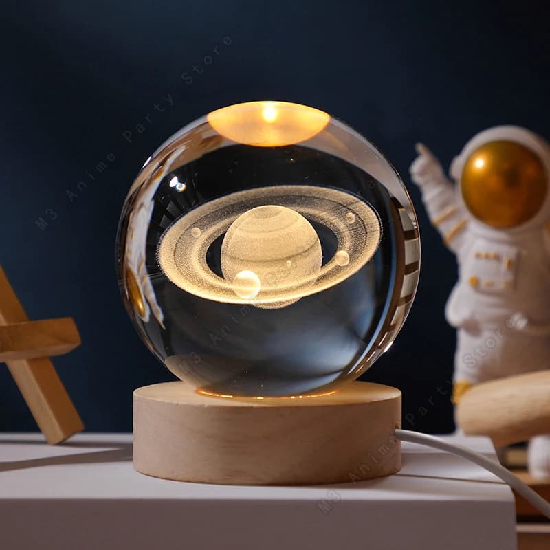 Lampe de chevet LED unique en forme de boule de cristal 3D, lampe galaxie lumineuse, planètes Saturn