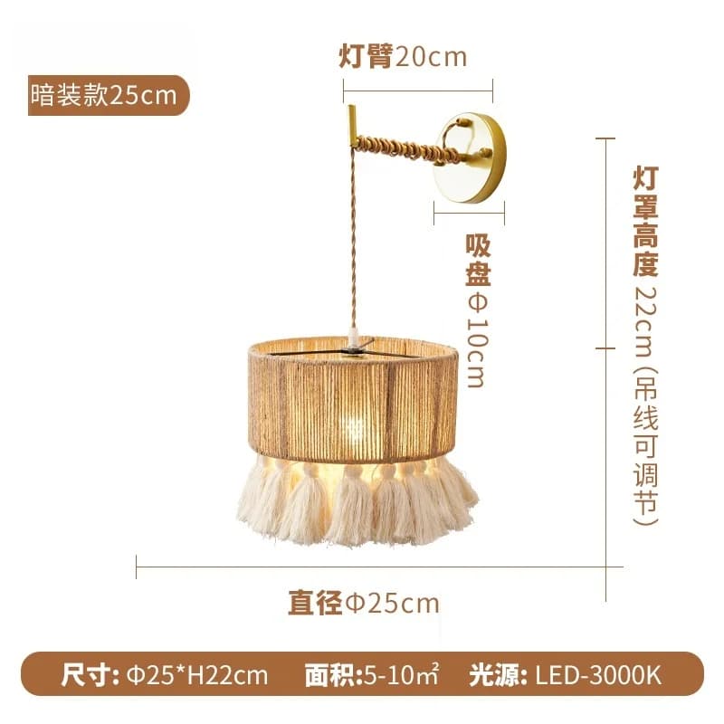 Bohème coton gland applique murale Wabi-sabi chanvre corde lampe LED E27 main tricot chambre murale 