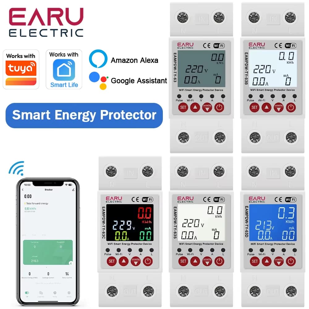 Compteur d'énergie intelligent WiFi Tuya, compteur de puissance kWh, protection contre les fuites à 