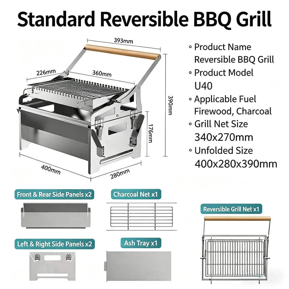 Portable 360 °   Barbecue pliable rotatif au charbon de bois en acier inoxydable avec grille amovibl