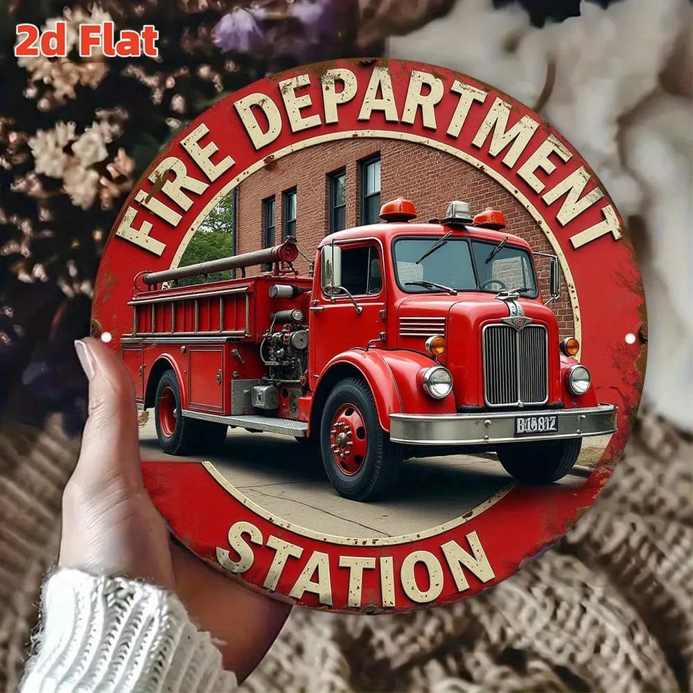 Panneau plat 2D sur le thème de la station de pompiers – Art mural en métal vintage avec camion de p