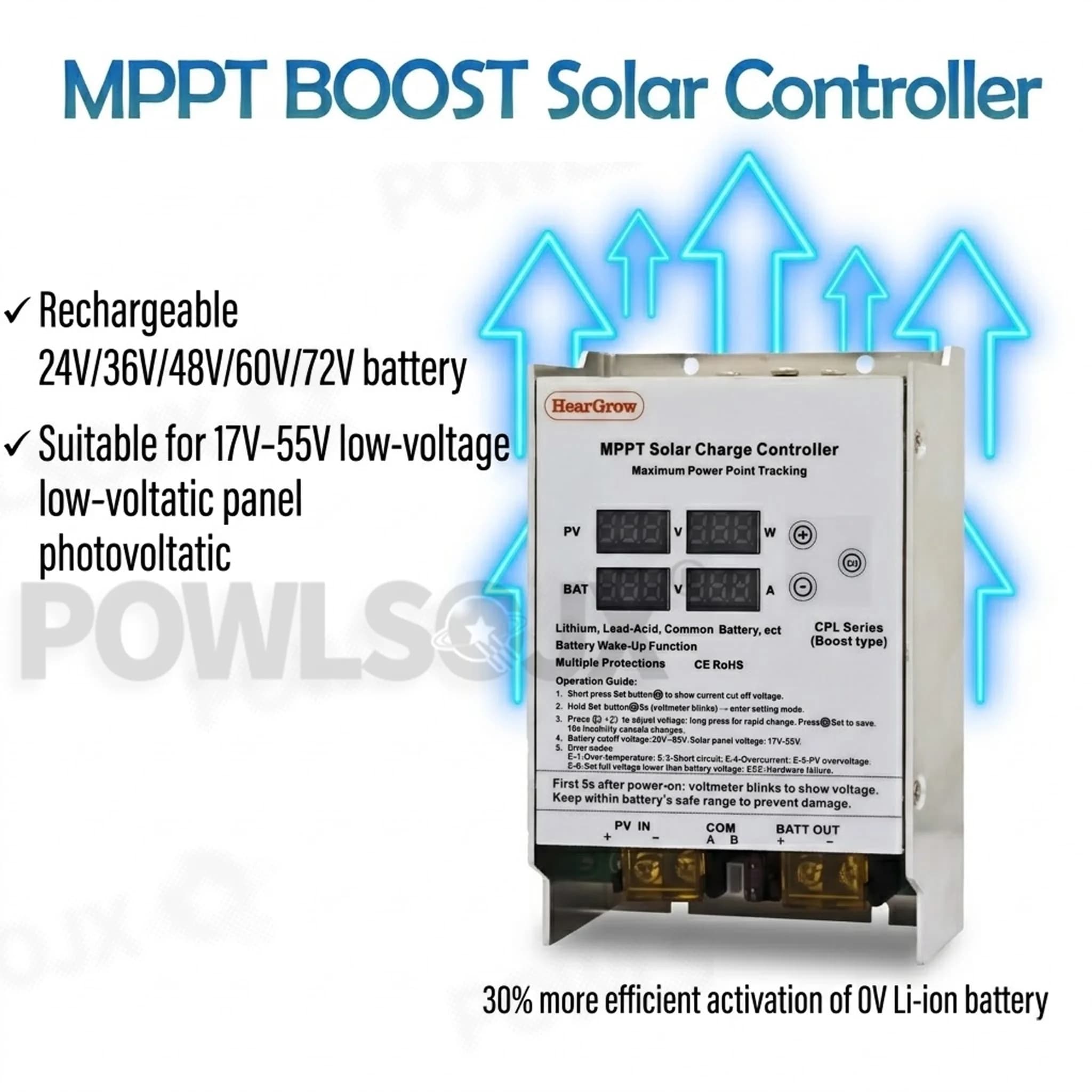 Régulateur de panneau solaire POWLSOJX MPPT 200W-600W compatible avec les batteries au plomb-acide/L
