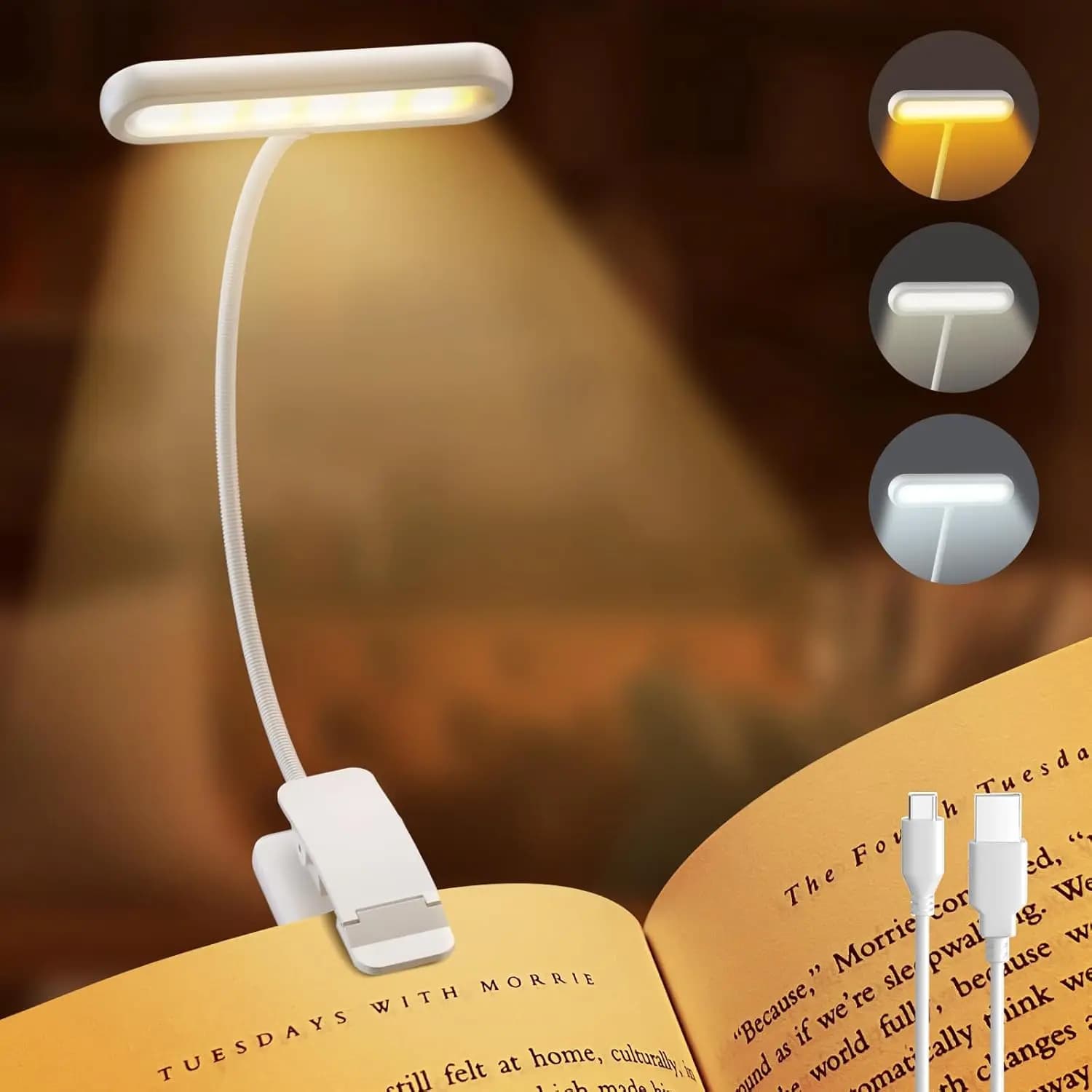 Lampe de lecture USB rechargeable, lumière blanche chaude, froide et du jour, portable, flexible, fa