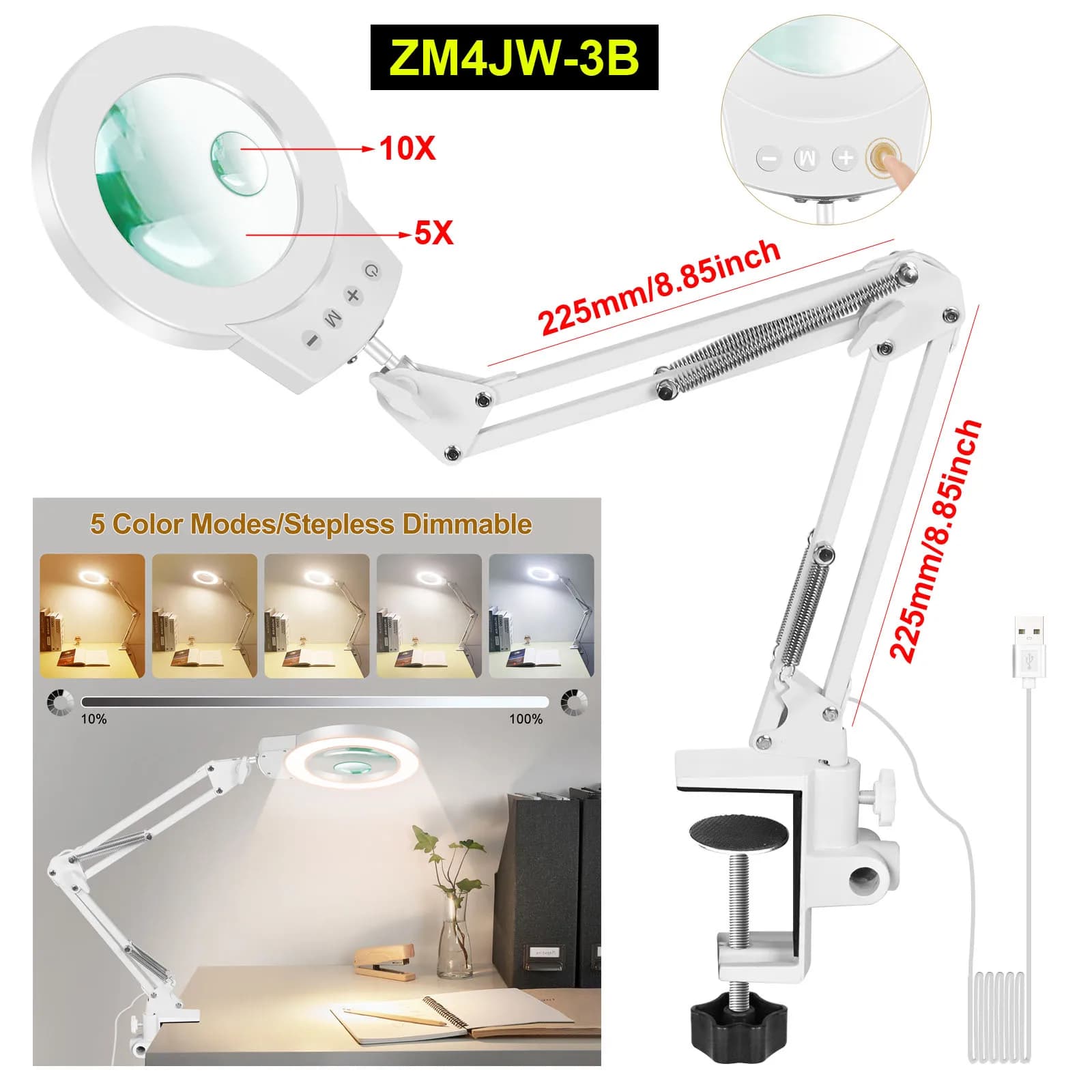 Lampe loupe à bras oscillants longs 5X/10X, avec 5 lumières LED réglables de couleur, lampe de Table