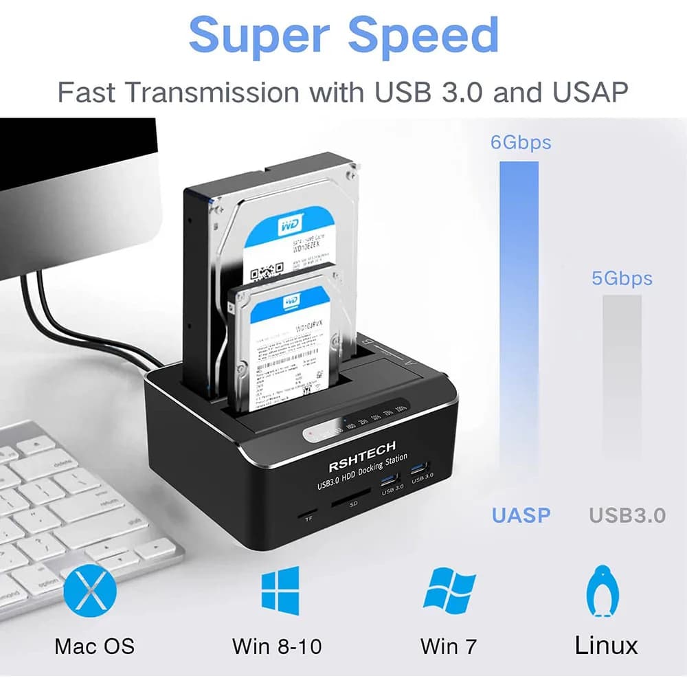 Station d'accueil de disque dur USB 3.0 en aluminium à double baie pour 2.5 "3.5" SATA HDD SSD avec lecteur de carte SD TF sans outil