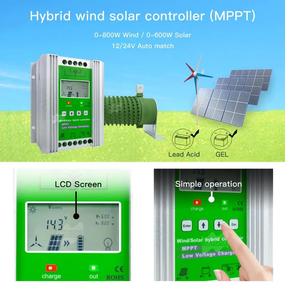 Contrôleur hybride d'éolienne solaire, panneau solaire, panneau d'éolienne, charge de batterie, contrôleur hybride Sochi, MPPT, 12V, 24V, 1400W