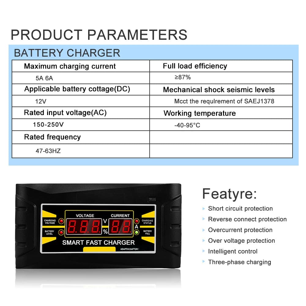 Chargeur de batterie portable SnapCar, AGM GEL, charge de batterie au plomb, 12 V, entièrement automatique, 75Ah, 80Ah, 90Ah, 100Ah
