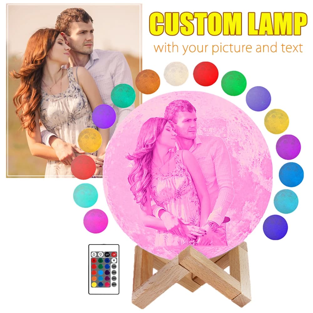 Lampe de lune personnalisée 2/3/16 couleurs, veilleuse Photo personnalisée, image gravée, cadeau pour femme, mari, enfants