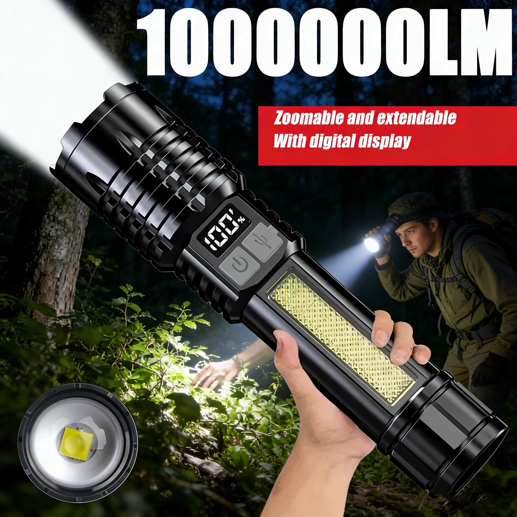 Lampe de poche LED rechargeable à faisceau long, éclairage d'urgence portable pour l'extérieur, avec une longue durée de vie de la batterie, adaptée au camping et à la randonnée