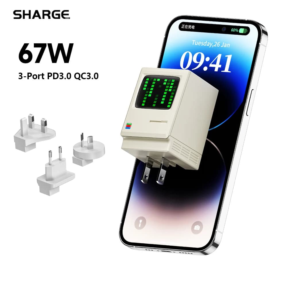 SHARGE Retro 67 GaN 67W chargeur rapide 67W 3 * adaptateur secteur USB-C pour tablette charge rapide pour iPhone 15 Galaxy, Google Pixel